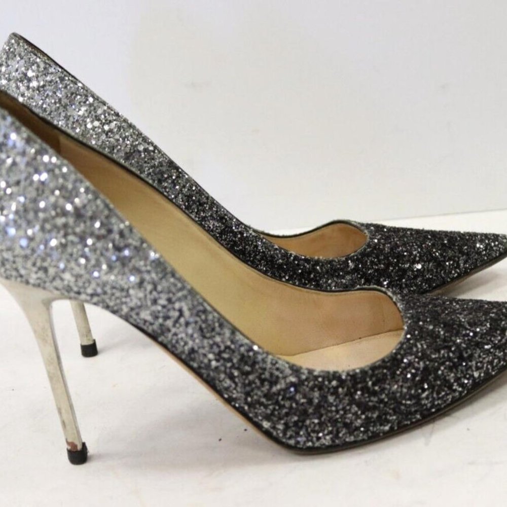 Jimmy Choo Women's Black Glitter Fabric Pointed-Toe Pumps Heel Shoes 38.5/8.5